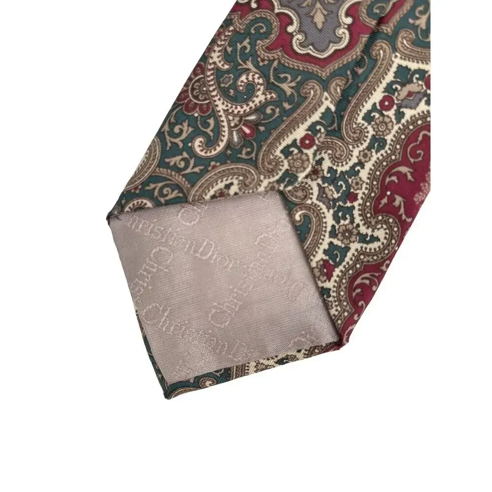 Christian Dior Silk Necktie Tie Red Green Cream